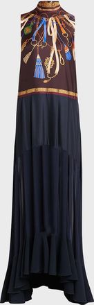 Etro Mock-Neck Foulard-Print Sheer Panel Maxi Dress
