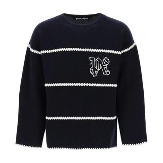 Palm Angels Truien & Vesten, Heren, Blauw, L, Wol, Geborduurd Gebreide Trui