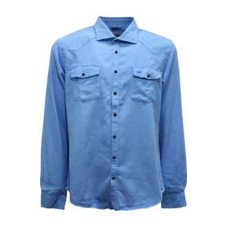 Sun 68 Hemelsblauw Overdyed Gabardine Shirt - Heren - Spijkeroverhemden - Blauw - XL - Denim - Overhemden