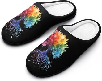 Generic Watercolor Tree Colorful Mens Slippers Slip On Comfortable Fleece Cotton House Shoes Winter