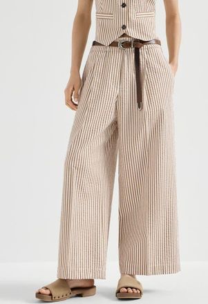 Brunello Cucinelli Techno cotton striped seersucker baggy track trousers with monili in Beige at Nordstrom, Size 38