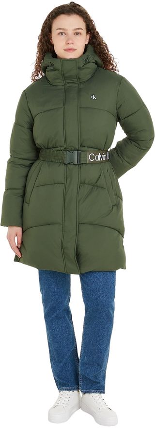 Calvin Klein Jeans Damen Mantel Logo Belt Long Puffer Winter, Grün