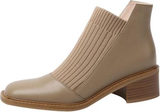 TinaCus Handmade Womens Genuine Leather Casual Slip on Stretched Woolen Square Toe Low Block Heel Ankle Boots Shoes, Apricot, 4 UK