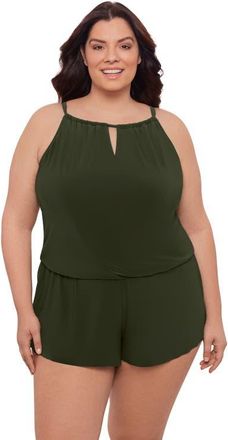 Aqua Green Plus Size Keyhole Blouson Slimming Swimsuit Romper with Pockets in Malachite at Nordstrom, Size 1X