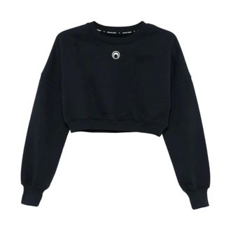Marine Serre Sweatshirts, female, Black, Size: XS Moon Logo Fleece Cropped Sweatshirt