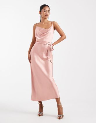 Tfnc Vestito da cerimonia al polpaccio rosa in raso allacciato in vita