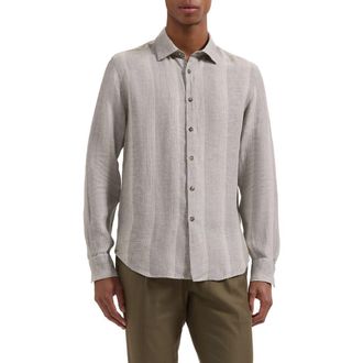 Bugatchi Julian Shaped Fit Shadow Stripe Linen Button-Up Shirt in Khaki at Nordstrom, Size Xxx-Large