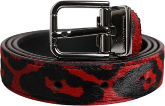 Dolce & Gabbana Black Red Leopard Silver Metal Buckle Mens Belt