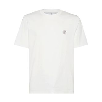 Brunello Cucinelli T-Shirts, male, White, S, White Logo Print Crew Neck T-shirt