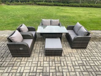 Fimous Rattan Outdoor Furniture Garden Dining Set Rectangular Table & Chair Sofa Set With Big Footstool Dark Grey Mixed