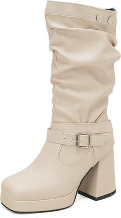 Generic Womens Square Toe Pleated Knee High Boots Chunky High Heel Platform Pull On Casual Winter Motorcycle Shoes (5.5,White)