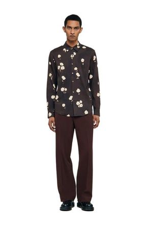 Sandro Floral print linen shirt in Chocolate at Nordstrom, Size Xx-Large