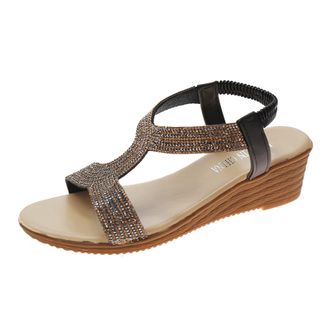 Generic Women Wedge Sandals Open Toe Rhinestone Sandal Adjustable Ankle Strap Sandal Sparkly Diamante T-Bar Shoes Casual Fashion Sandals Comfortable Walking S