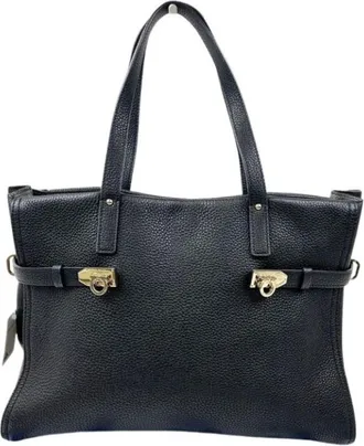 Ferragamo Gancini Black Leather Handbag Shoulder Bag Tote Bag (Pre-Owned)