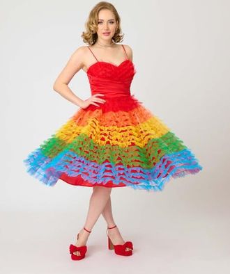 Unique Vintage Tulle Sweetheart Cupcake Swing Dress in Red Rainbow Stripe at Nordstrom, Size X-Large