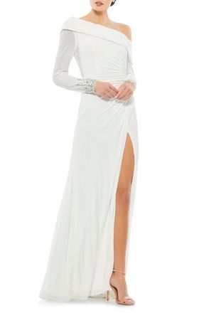 Mac Duggal Jeweled Cuff Drop Shoulder Faux Wrap Gown in White at Nordstrom, Size 0