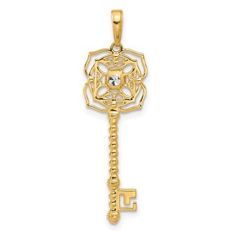 Diamond2Deal 14k Yellow Gold White Rhodium Diamond-Cut Floral Key Pendant
