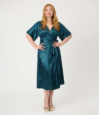 Unique Vintage Tie Wrap Surplice Midi Dress in Teal Floral at Nordstrom, Size X-Large