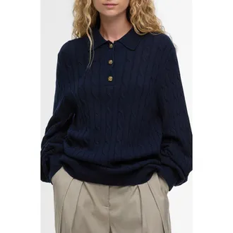 Barbour Evie Cable Stitch Polo Sweater in Navy at Nordstrom, Size 12 Us