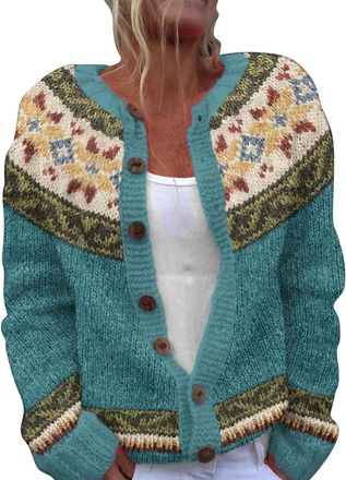 Generic Fairisle Jumper Women Wool Button up Ladies Christmas Jumpers Plus Size Christmas Jumpers for Women UK Loose Comfortable Sweaters for Women UK Knitted