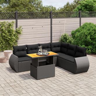 vidaXL Set De Comedor De Jard&iacute;n 7 Pzas Y Cojines Rat&aacute;n Sint&eacute;tico Negro Vidaxl