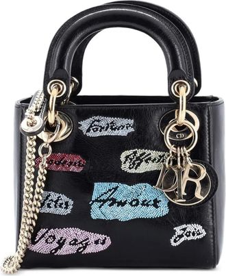 Dior Borsa a spalla Lady Dior mini in pelle con perline - Nero