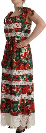Dolce & Gabbana Womens Multicolor Geranium Print Lace Long Maxi Dress Cotton Polyester