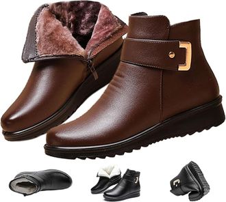 Generic Womens Metal Buckle Genuine Leather Wool Orthopedic Boots, Winter Warm Non-Slip Artificial Fur Lined Waterproof Ankle Boot with Zipper (Brown,37)