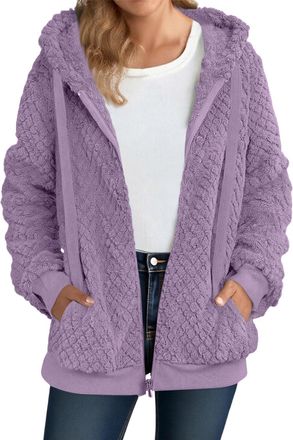Generic Womens Sherpa Jacket Fuzzy Zip Up Hoodie Oversized Fleece Open Front Hooded Cardigan Jackets Fluffy Fuzzy Shirt Lapel Tops Teddy Fleece Coat Plush Thi