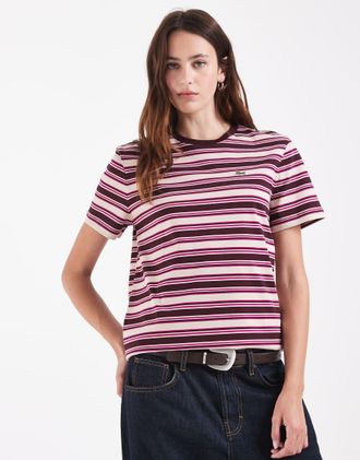 Lacoste t-shirt in jersey a righe a maniche corte bordeaux-Rosso