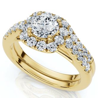 Pompeii3 1 1/10Ct Cushion Halo Diamond Engagement Ring & Matching Band Gold/Pt Lab Grown