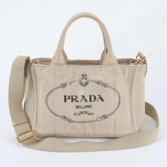 Prada Beige Leather Canvas Handbag Shoulder Bag Tote Bag (Pre-Owned)