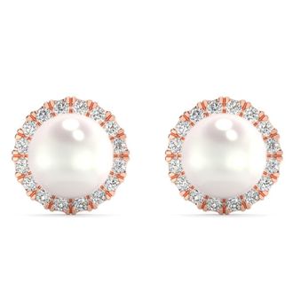 Pompeii3 6mm Pearl & Diamond Halo Studs Womens 14k Gold Earrings Lab Grown