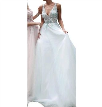 Jovani Floral Applique Plunging V-Neck Tulle Ballgown In Light Blue