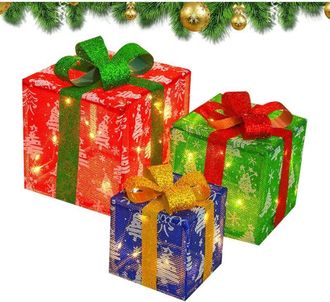 OEM Cajas De Regalo Navide&ntilde;as Iluminadas - Juego De 3 (25x25 / 20x20 / 15x15 Cm) - Decoraci&oacute;n Duradera Para Uso Interior Y Exterior