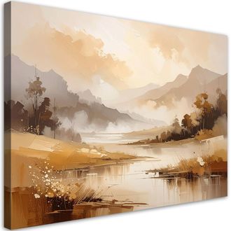 Feeby Cuadro Sobre Lienzo, Paisaje En Tonos Pastel De Monta&ntilde;as Y &Aacute;rboles Paisaje Natural En Tonos Beige, 120x80