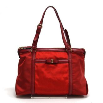 Ferragamo Red Color Nylon Handbag Tote Bag (Pre-Owned)