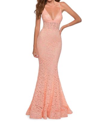 La Femme Sequin Lace Prom Dress In Peach