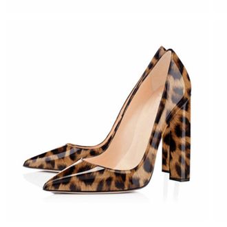 Generic Women Slip-On Chunky Pumps, Fashion Pointed Toe Dress Block Court Shoes, Comfort Closed Toe Leather Party Work High Heels Shoes,Leopard,2.5 UK