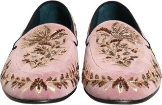 Dolce & Gabbana Mens Pink Velvet Floral Embroidery Loafers Shoes Leather