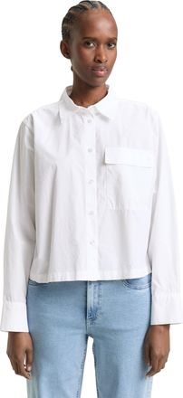 Tom Tailor Denim Langarmbluse TOM TAILOR DENIM, Damen, Gr. M, wei&szlig;, Web, Obermaterial: 100% Baumwolle, unifarben, l&auml;ssig geschnitten h&uuml;ftlang, Rundhals, 1-Knopf-Mansch