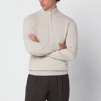 Brunello Cucinelli Sand Cashmere Half-Zip Turtleneck Sweater