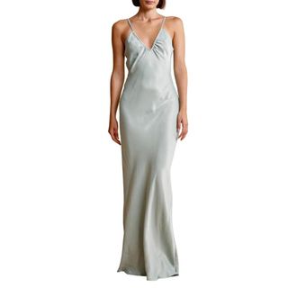 By Ti Mo Satin Strap Maxi Jurk - Dames - Avondkleed - Blauw - S - Wol - Kleedjes