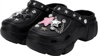 Generic Y2K Punk Style Platform Clogs for Women - Star & Chain Decor Chunky Slides for Streetwear & Daily Wear (1, Black, 3/4, Adult, Women, 3, Numeric Range,