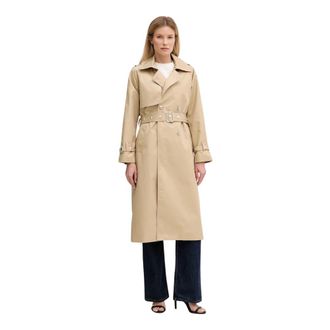 DKNY Dkny, Jassen, Dames, Beige, L, Katoen, Lange Double-Breasted Trenchcoat met Riem