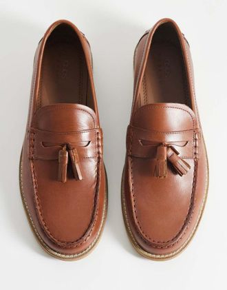 Asos Mocassini in pelle color cuoio con suola naturale e nappe-Marrone