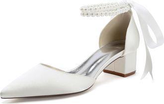 Generic Bridal Shoes Satin Womens Block Heel Wedding Shoes Pointed Toe Prom Party Dress Pumps 4.5Cm,Ivory,10 UK