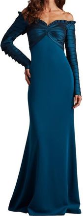 Tadashi Shoji Off the Shoulder Long Sleeve Mermaid Gown in Cerulean at Nordstrom, Size 12