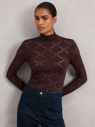 Reiss Burgundy Laser-cut Funnel-neck Knit Top, XS
