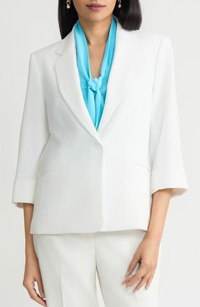 Kasper Cuff Sleeves Stretch Crepe One-Button Blazer in Lily White at Nordstrom, Size 18